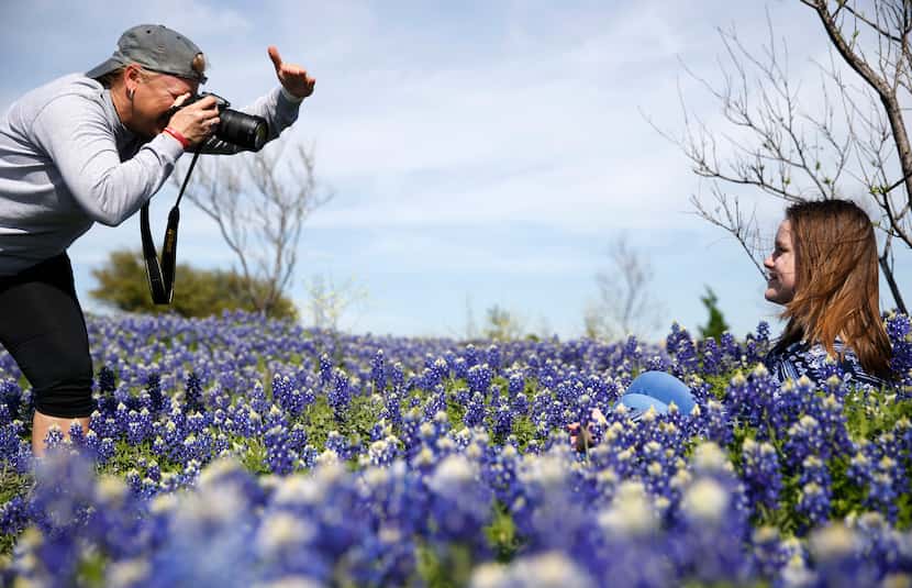 Kat Webb takes a photo of her daughter, Kaley Webb, 11, of Carrollton in a field of...