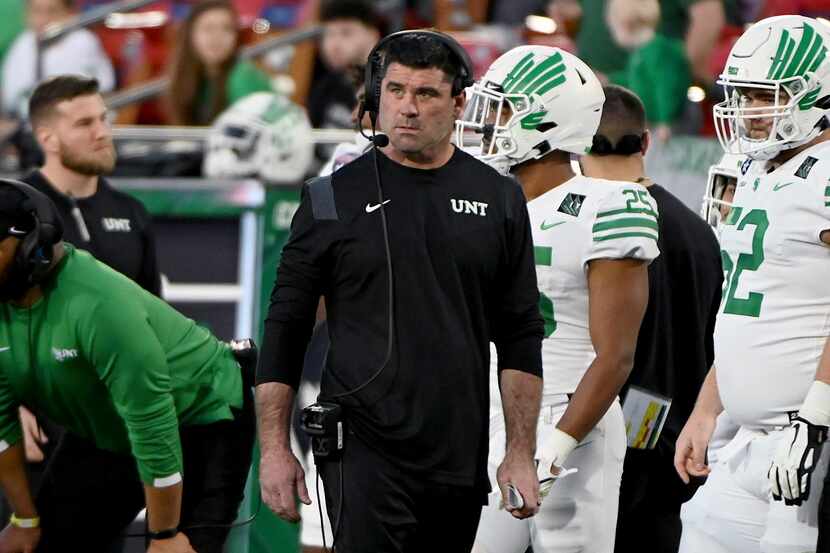 North Texas head coach Seth Littrell walks the sidelines in the first second of the Frisco...
