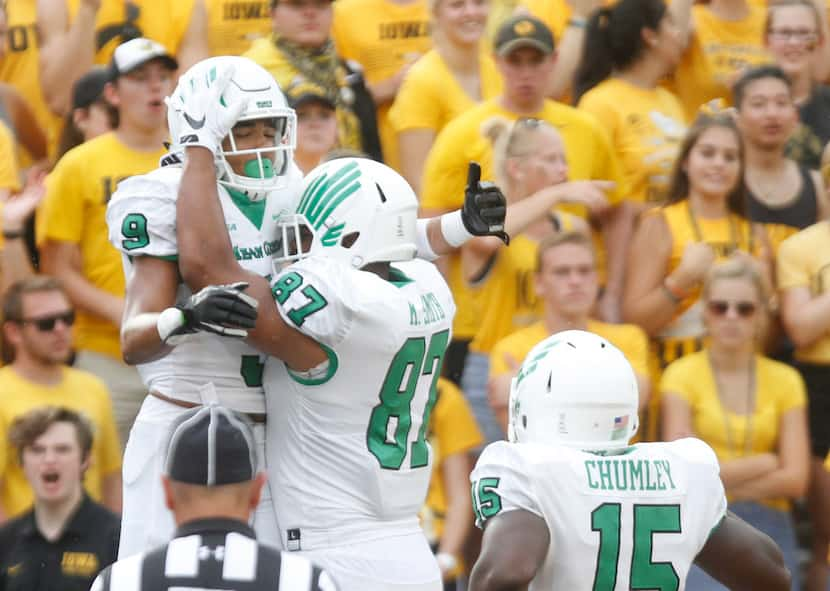 IOWA CITY, IOWA- SEPTEMBER 16:  Wide receiver Jalen Guyton #9 of the North Texas Mean Green...