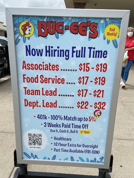 Buc-ee's displayed its salary and benefits on a sign outside its Terrell store on March 29.