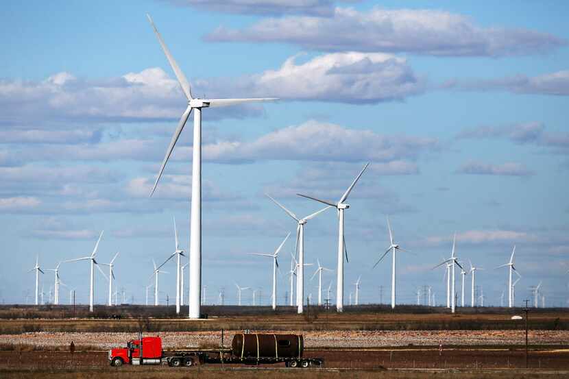 Turbines are spread across a wind farm in Colorado City in West Texas.