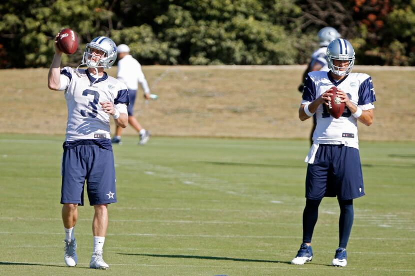 Brandon Weedon (3) and Matt Cassel (16) throw the ball at practice during Dallas Cowboys...