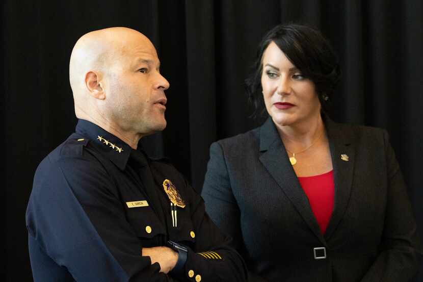 Dallas Police Chief Eddie García chats with Caruth Police Institute Executive Director BJ...
