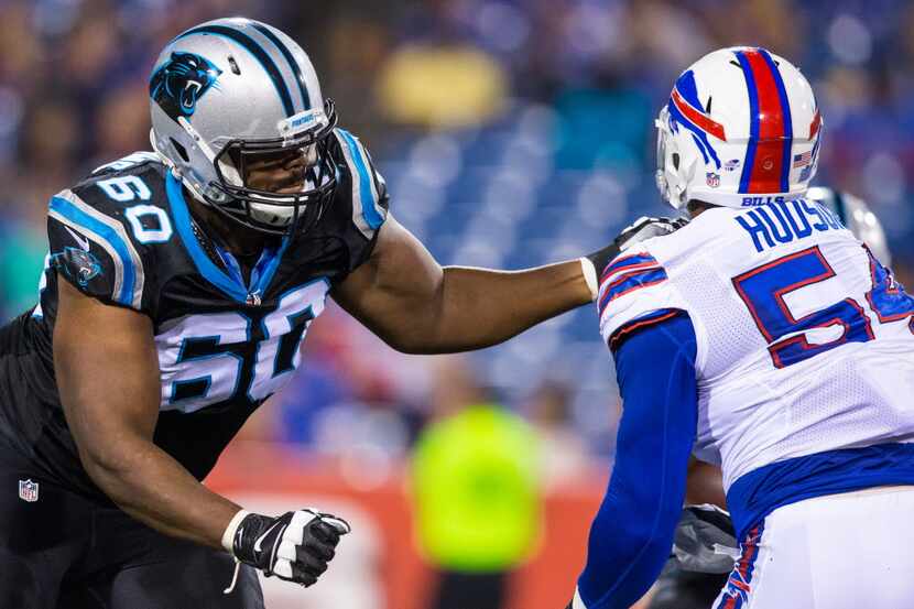 ORCHARD PARK, NY - AUGUST 14:  Daryl Williams #60 of the Carolina Panthers defends the...