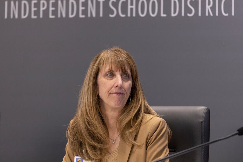 Superintendent Sara Bonser listened to a presentation during the Plano ISD board meeting...