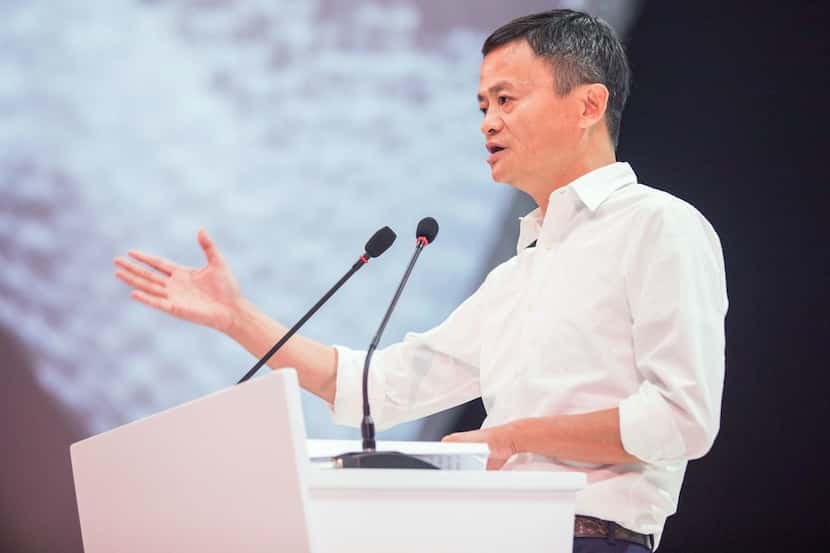 This photo taken on Sept. 19, 2018. shows Alibaba founder Jack Ma delivering a speech during...