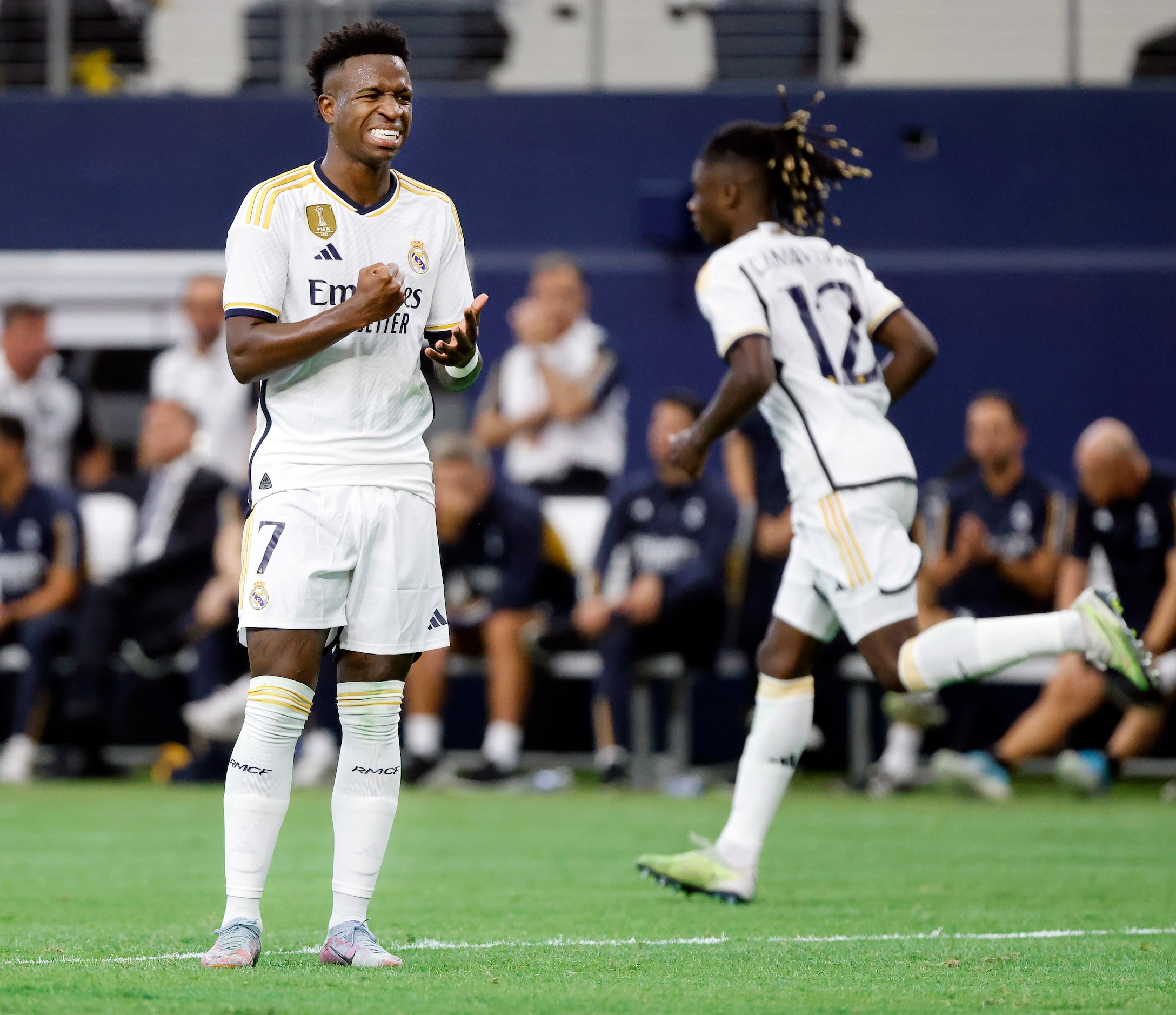 Real Madrid’s Vinícius Júnior (7) reacts after missing a second half goal against the...