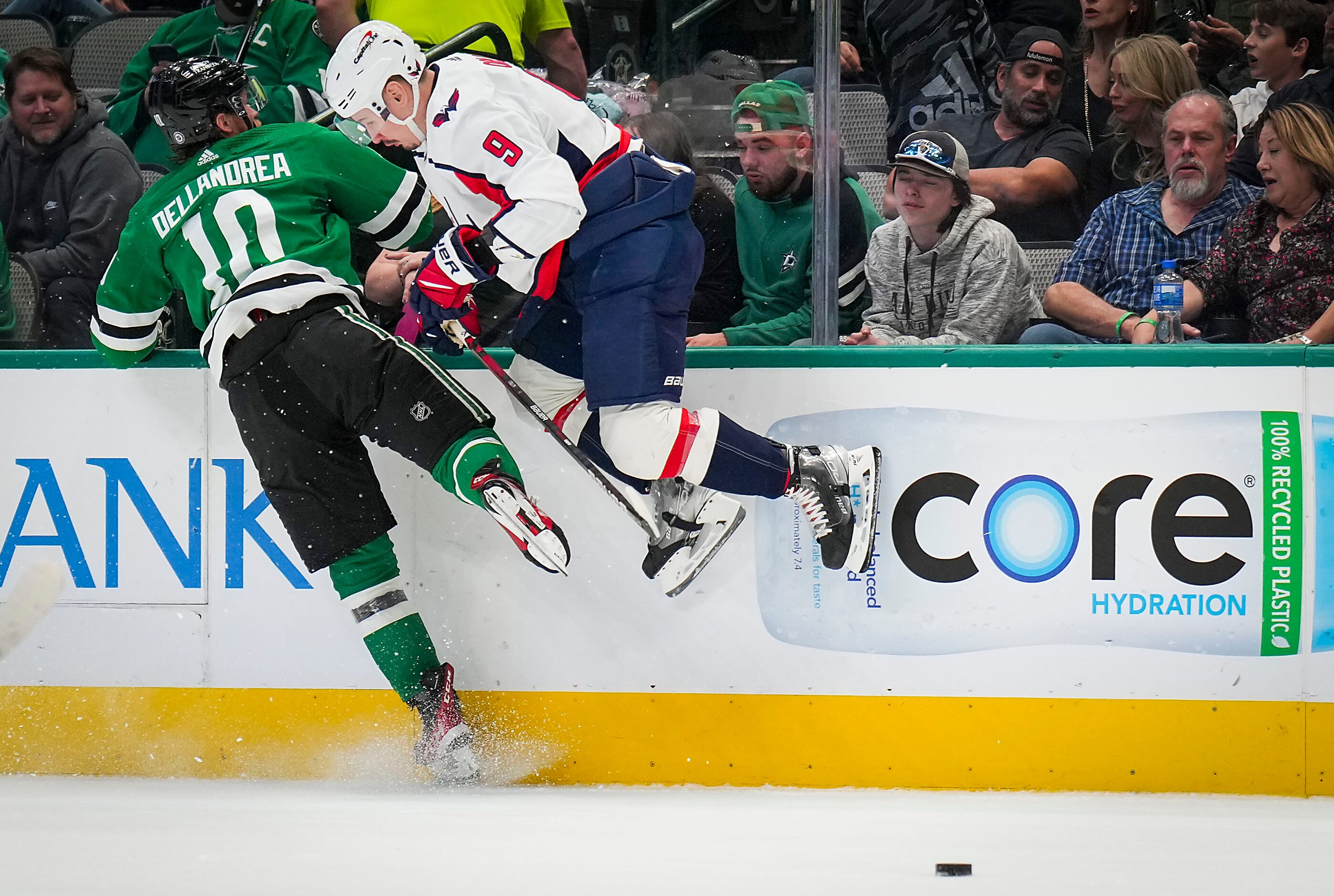 Dallas Stars center Ty Dellandrea (10) checks Washington Capitals defenseman Dmitry Orlov...