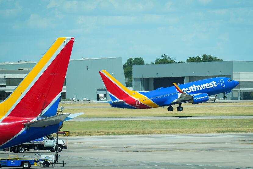 A Southwest Airlines plane took off at Dallas Love Field Airport on July 25, 2022.