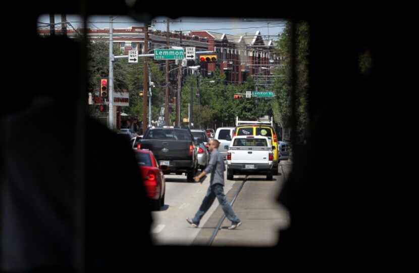 The view of upcoming Lemon Ave. as seen from inside the McKinney Avenue Trolley in Dallas,...