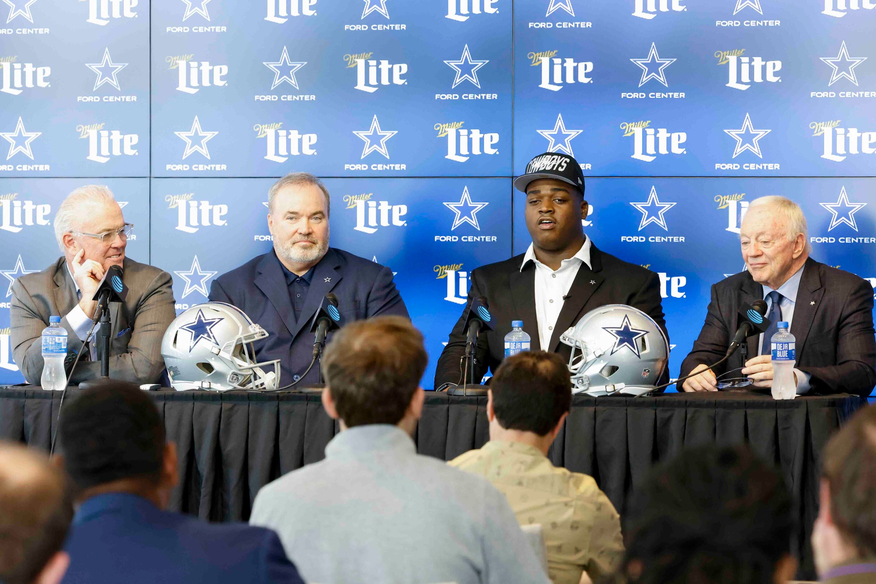 From left, Dallas Cowboys Chief Operating Officer Stephen Jones, Head Coach Mike McCarthy,...