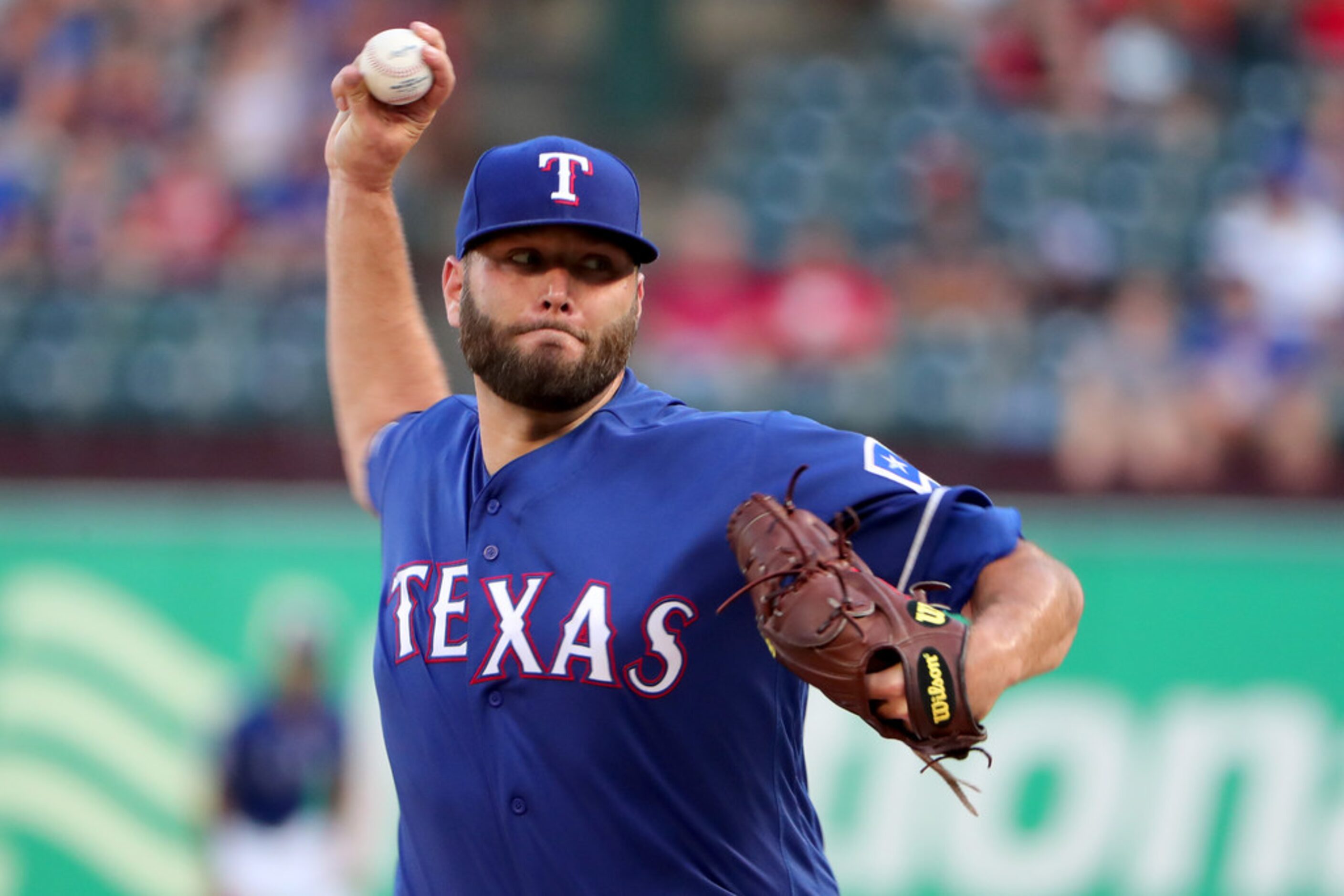 ARLINGTON, TEXAS - JULY 16: Lance Lynn #35 of the Texas Rangers pitches against the Arizona...