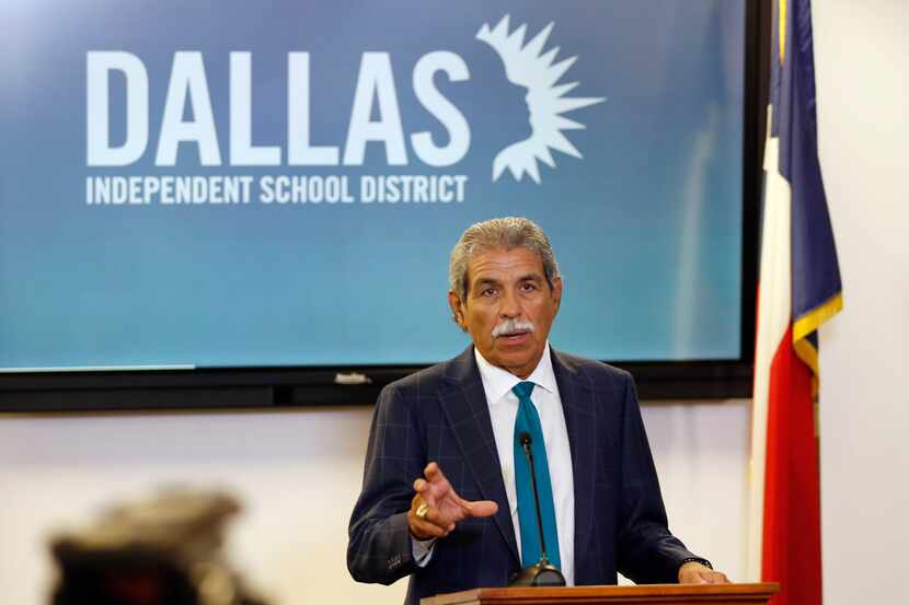 DISD superintendent Michael Hinojosa speaks to the media about starting the school year...