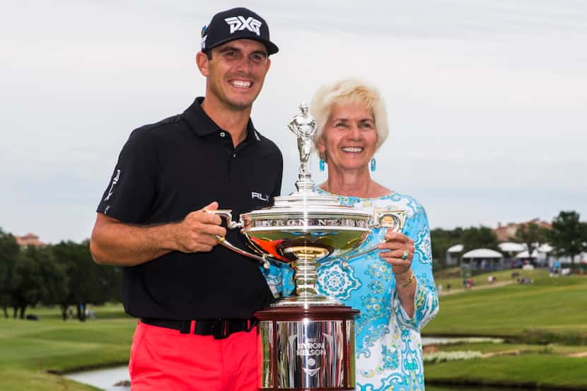 Billy Horschel poses for a photo with Peggy Nelson, Byron Nelson's widow, after he won the...