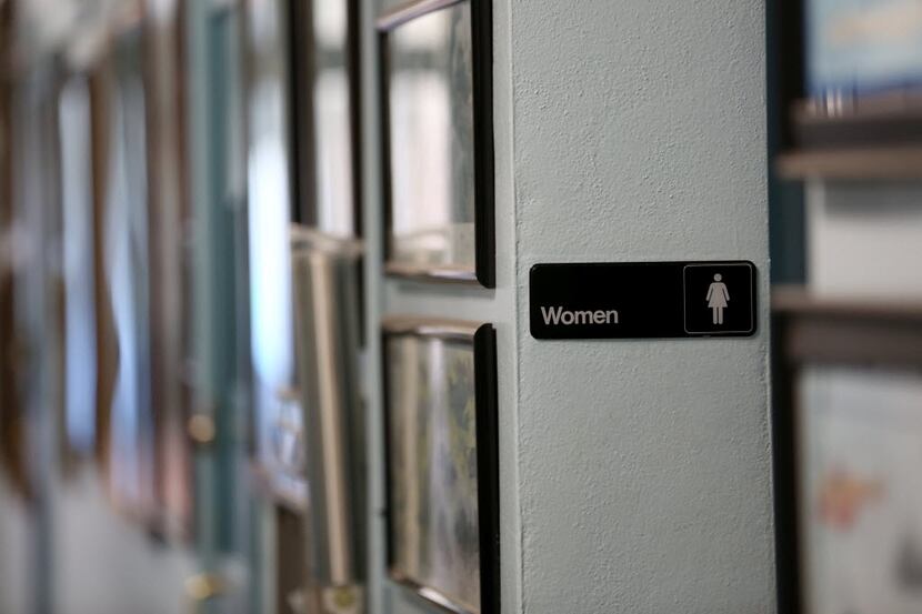 The entrance to a women's restroom in the lone school in Harrold ISD in Harrold, Texas...