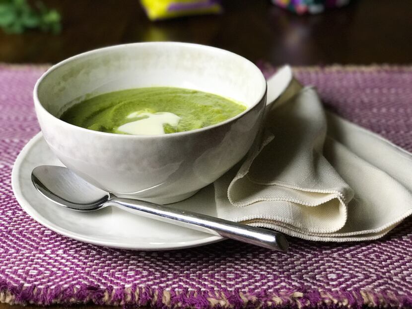 Minted pea soup — the easiest thing in the world to make, using frozen peas — tastes...