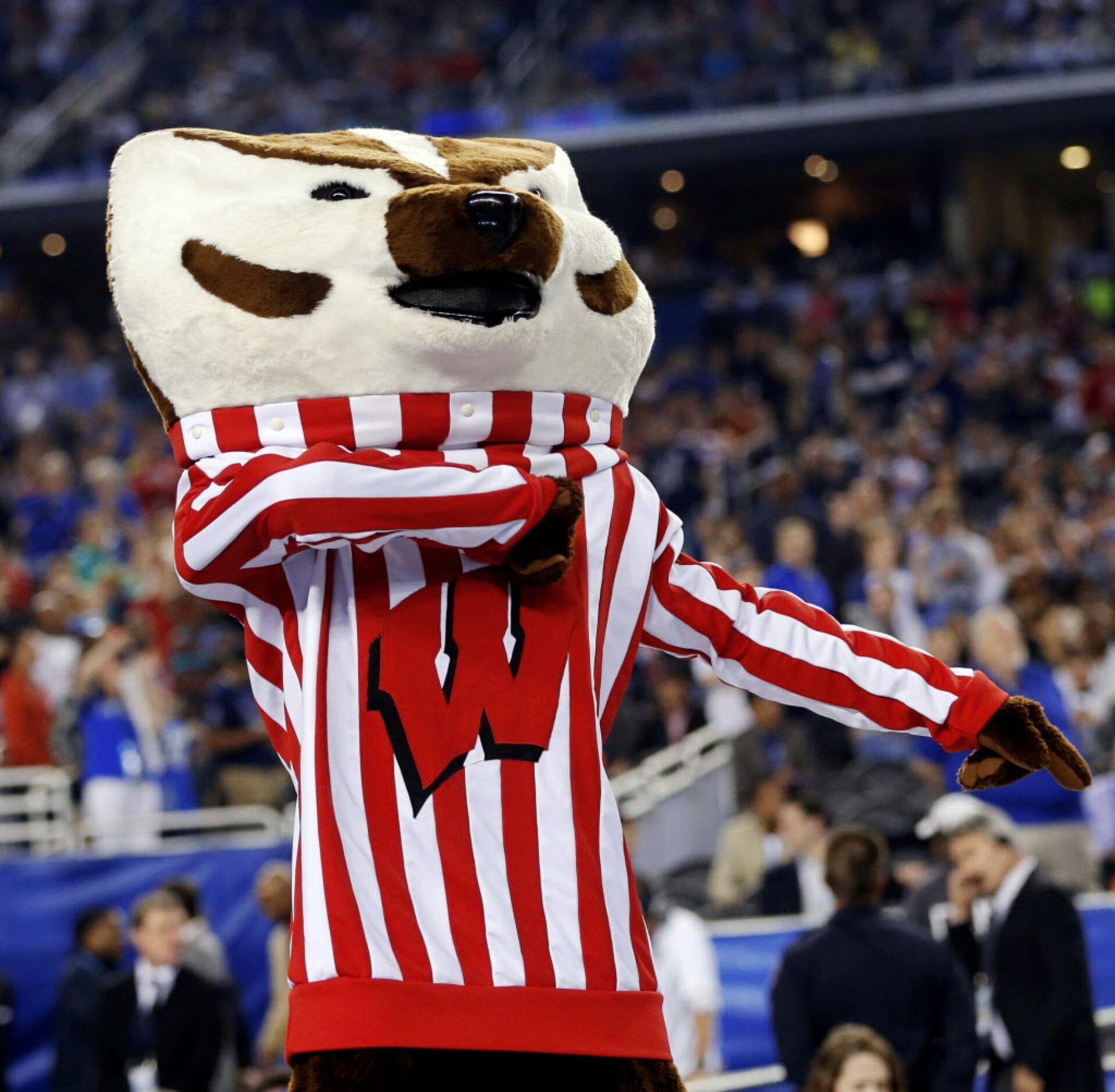 The Wisconsin Badgers mascot performs during the first half of their NCAA Final Four game...