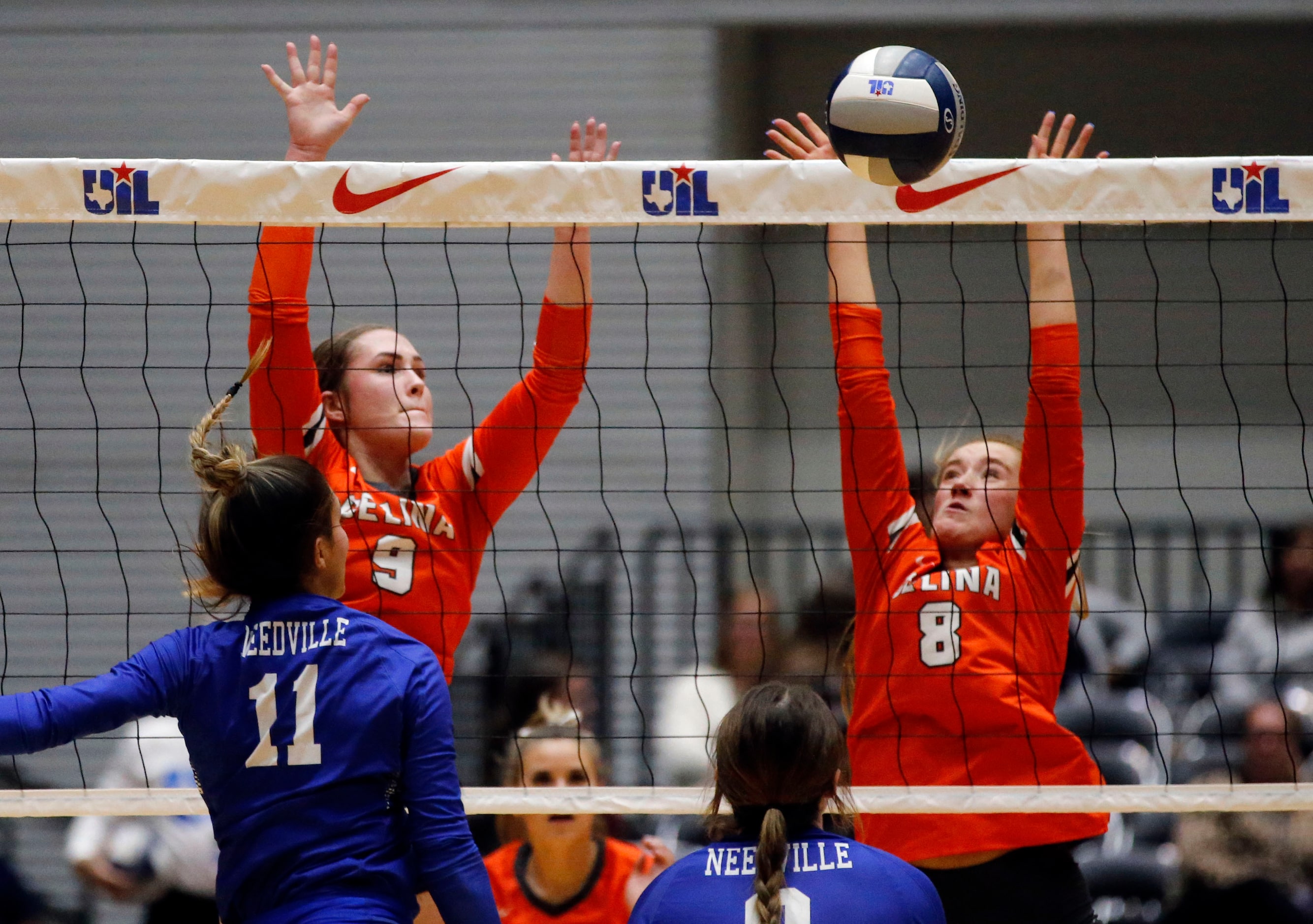 Celina's Megan Hodges (9) and Payton Grubbs (8) defend the net during the Class 4A state...