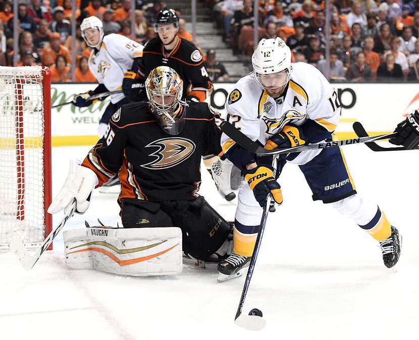 ANAHEIM, CA - APRIL 15:  Mike Fisher #12 of the Nashville Predators controls a rebound in...