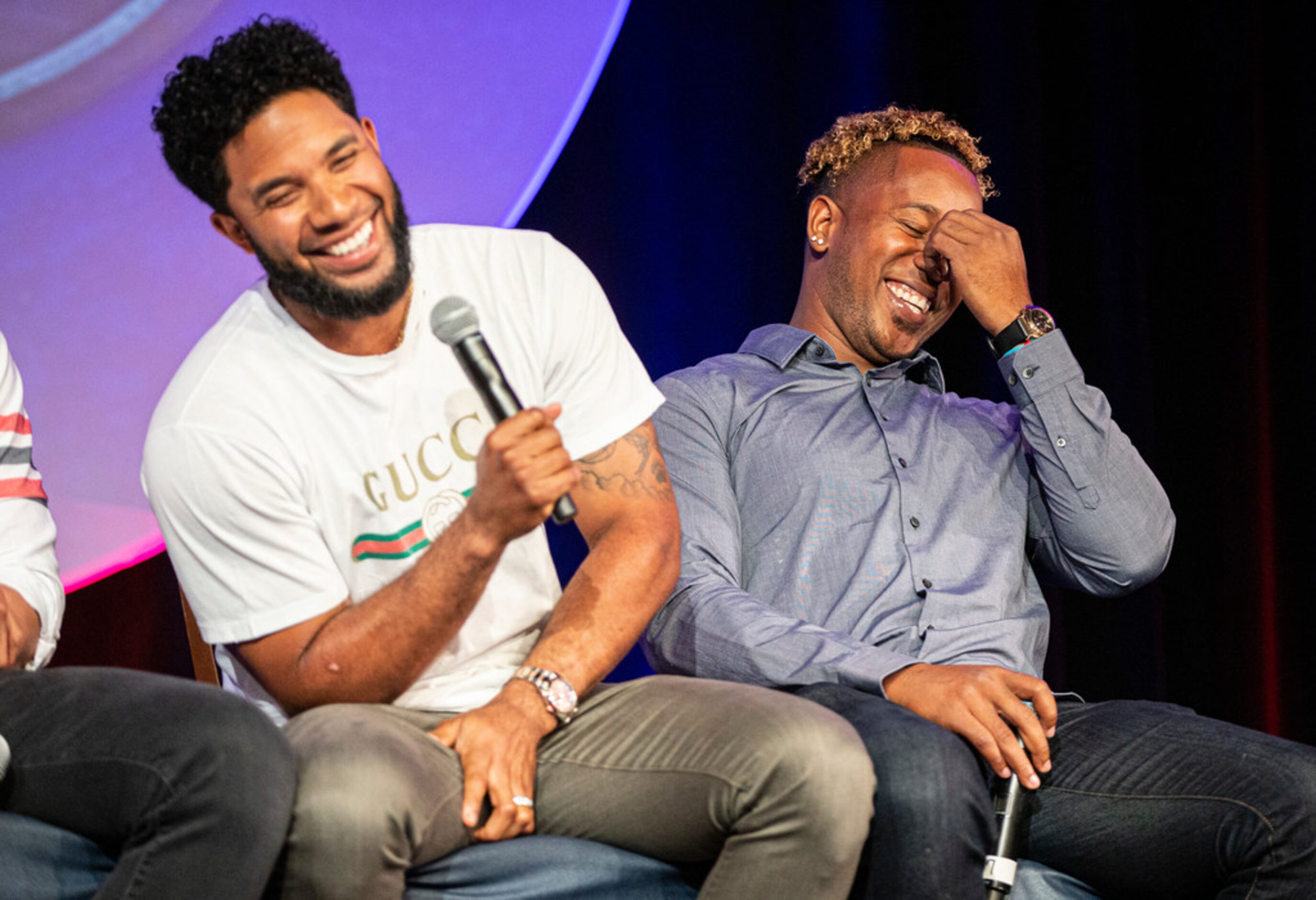 Texas RangersÃ Elvis Andrus, left, jokes with former Texas Rangers pitcher Neftalâ Feliz...