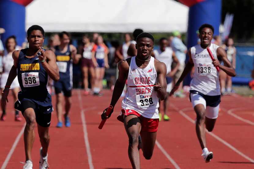 Jalen Drayden wins the boys 4x100 relay for Bishop Dunne during the TAPPS state track meet...