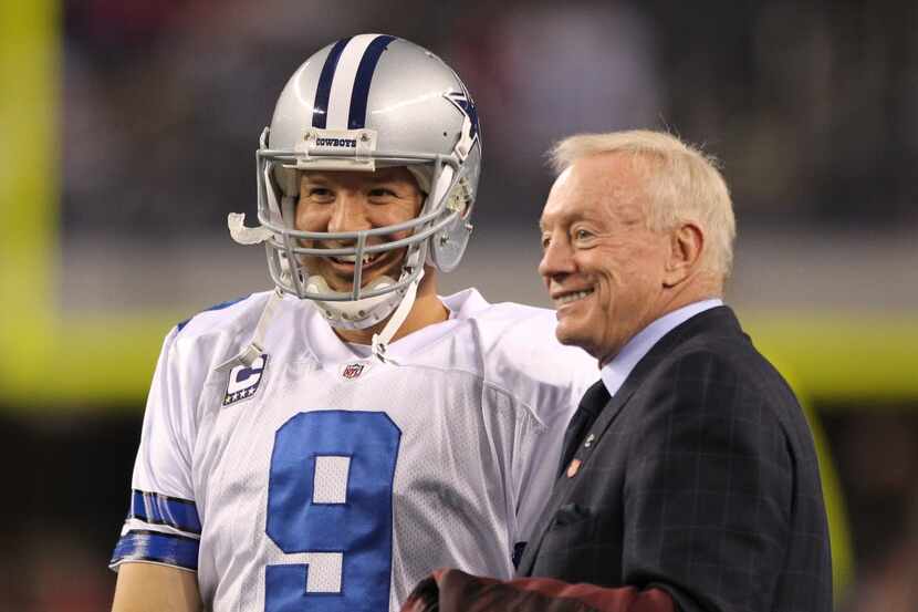 Dec 11, 2011; Dallas, TX, USA; Dallas Cowboys quarterback Tony Romo (9) meets with owner...