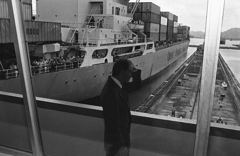 President Jimmy Carter views the Panama Canal at the Miraflores Locks in Canal Zone on June...