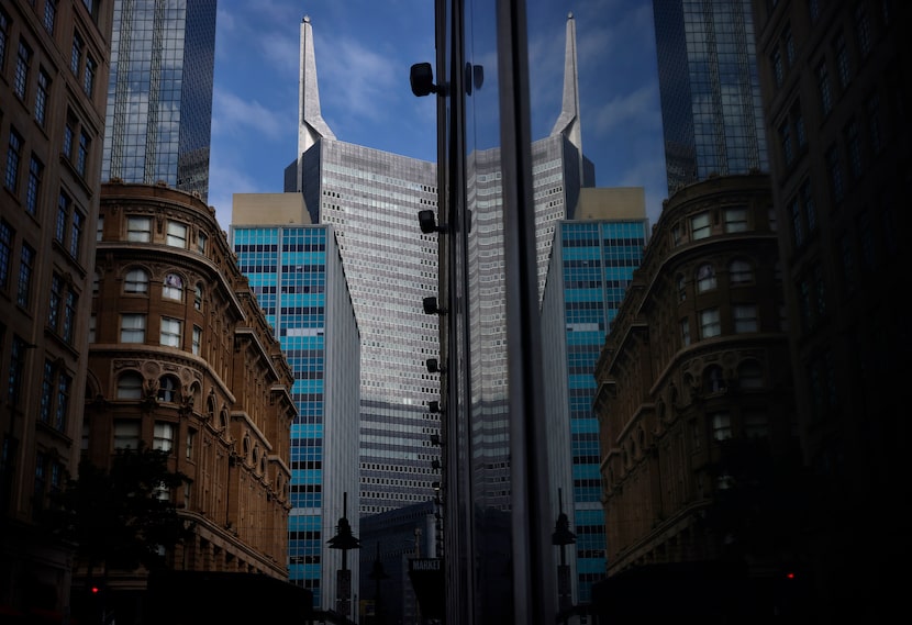 The Republic Bank tower seen from Ervay Street in downtown Dallas.