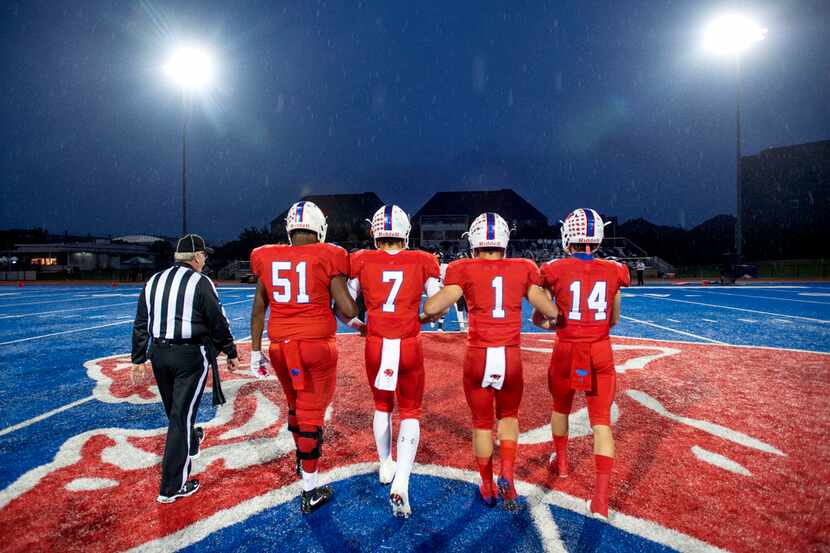 Parish Episcopal captains Jalen North (51), Tyler Hamilton (7), Parker Stone (1), and Logan...