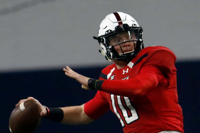Texas Tech quarterback Alan Bowman (10) launches a long pass which resulted in a touchdown...