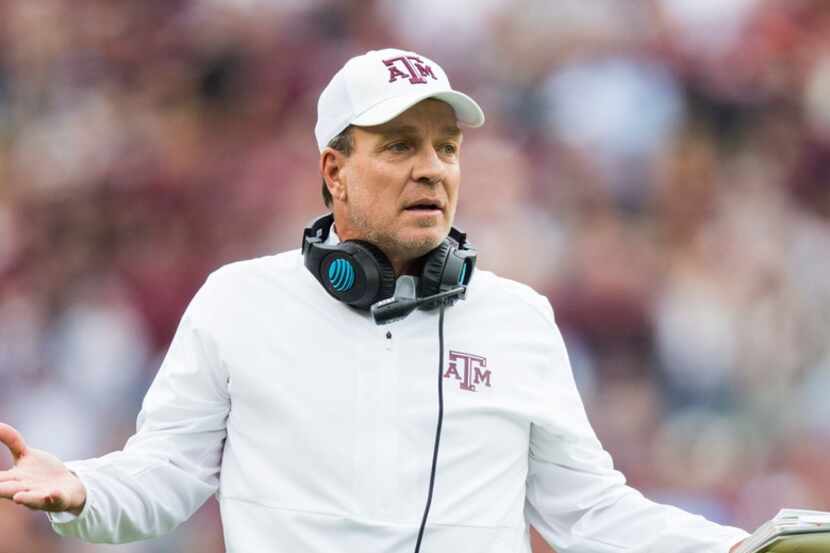 Texas A&M Aggies head coach Jimbo Fisher disputes a call during the first quarter of a...