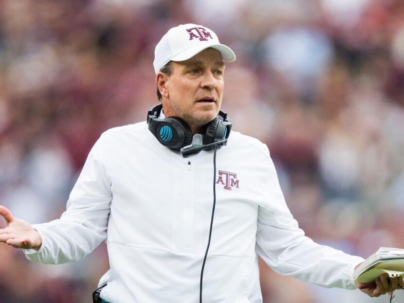 Texas A&M Aggies head coach Jimbo Fisher disputes a call during the first quarter of a...