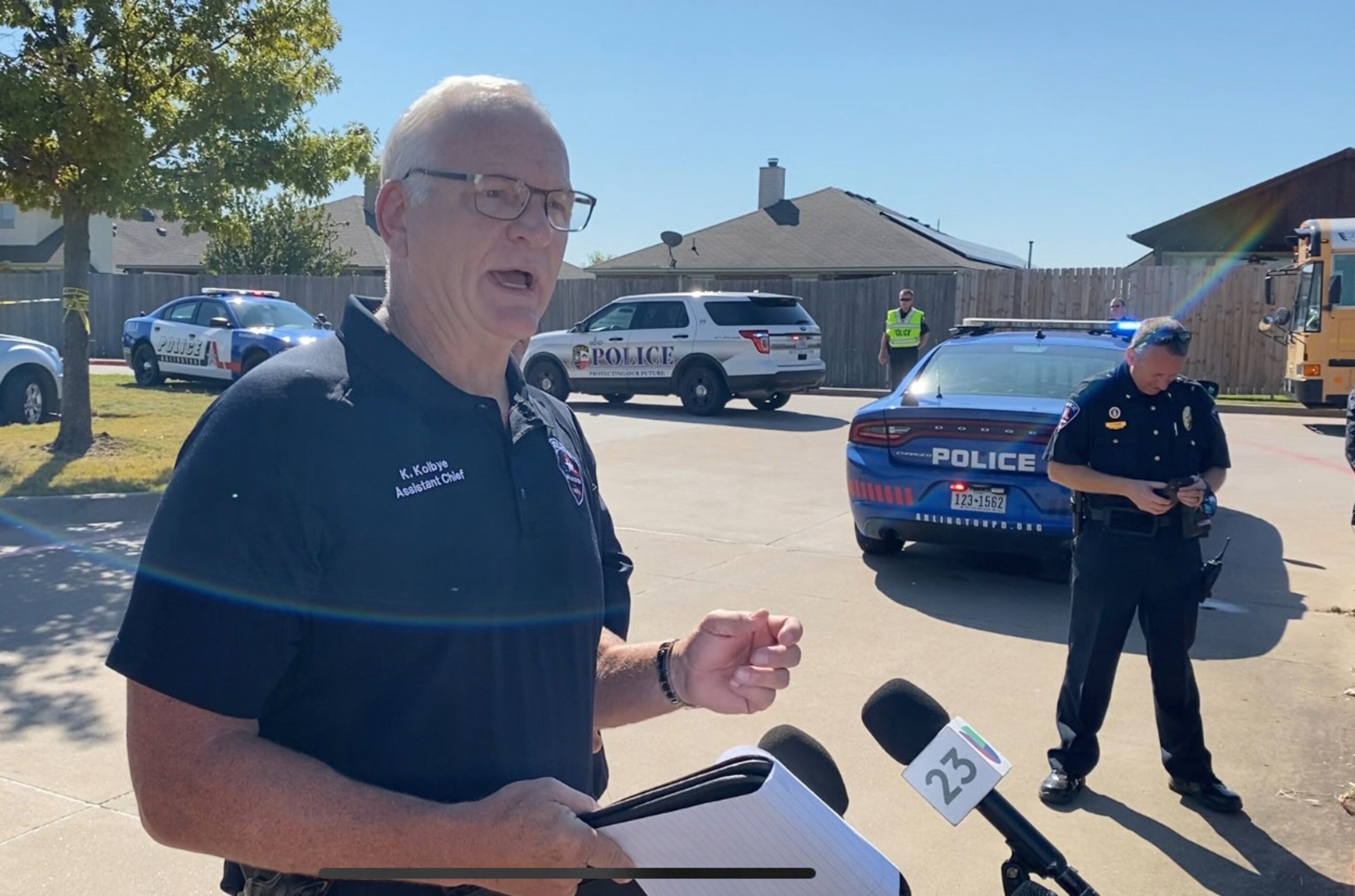 Kevin Kolbye, assistant Police Chief, Arlington Police Department, talks to the media about...