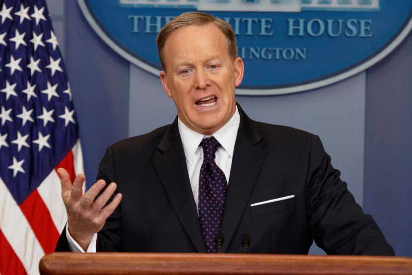 White House press secretary Sean Spicer at his daily press briefing on Wednesday. (AP/Evan...