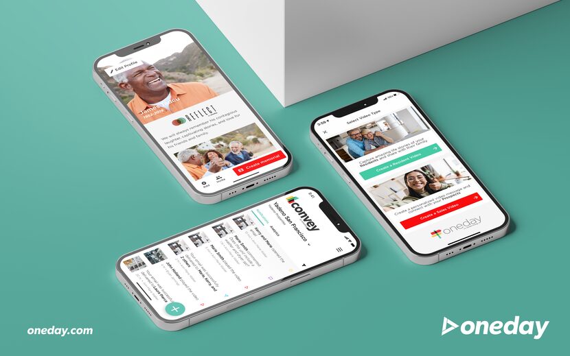 Renderings of OneDay's Convey, Reflect, and OneDay for Senior Living platforms.