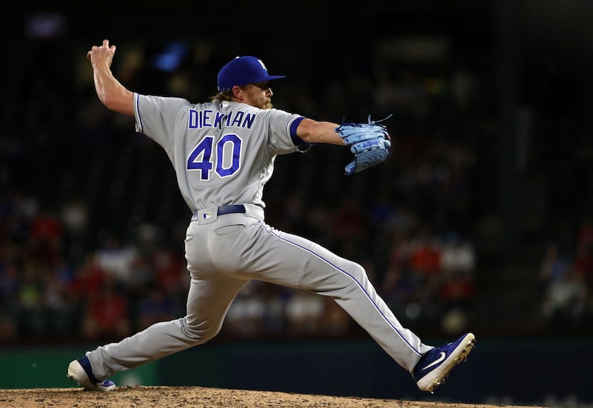 ARLINGTON, TEXAS - MAY 30:  Jake Diekman #40 of the Kansas City Royals throws against the...