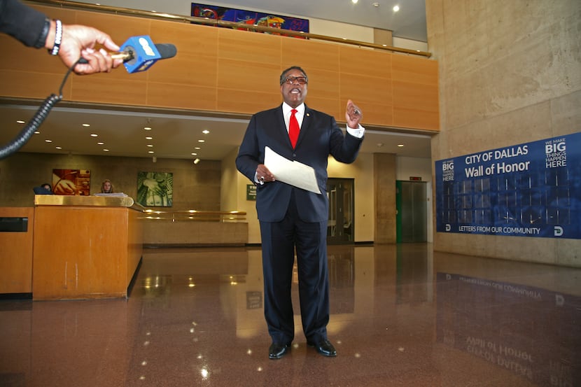 Dwaine Caraway announces that he is running for his old council seat in the lobby of City...