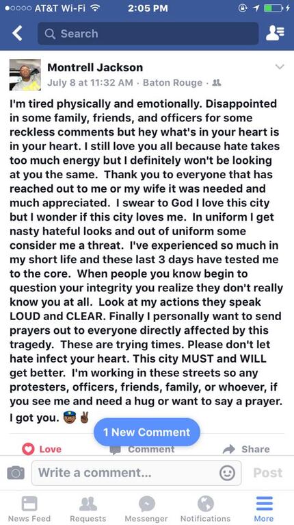 Baton Rouge officer Montrell Jackson's thoughts after the Dallas police shooting. Jackson...