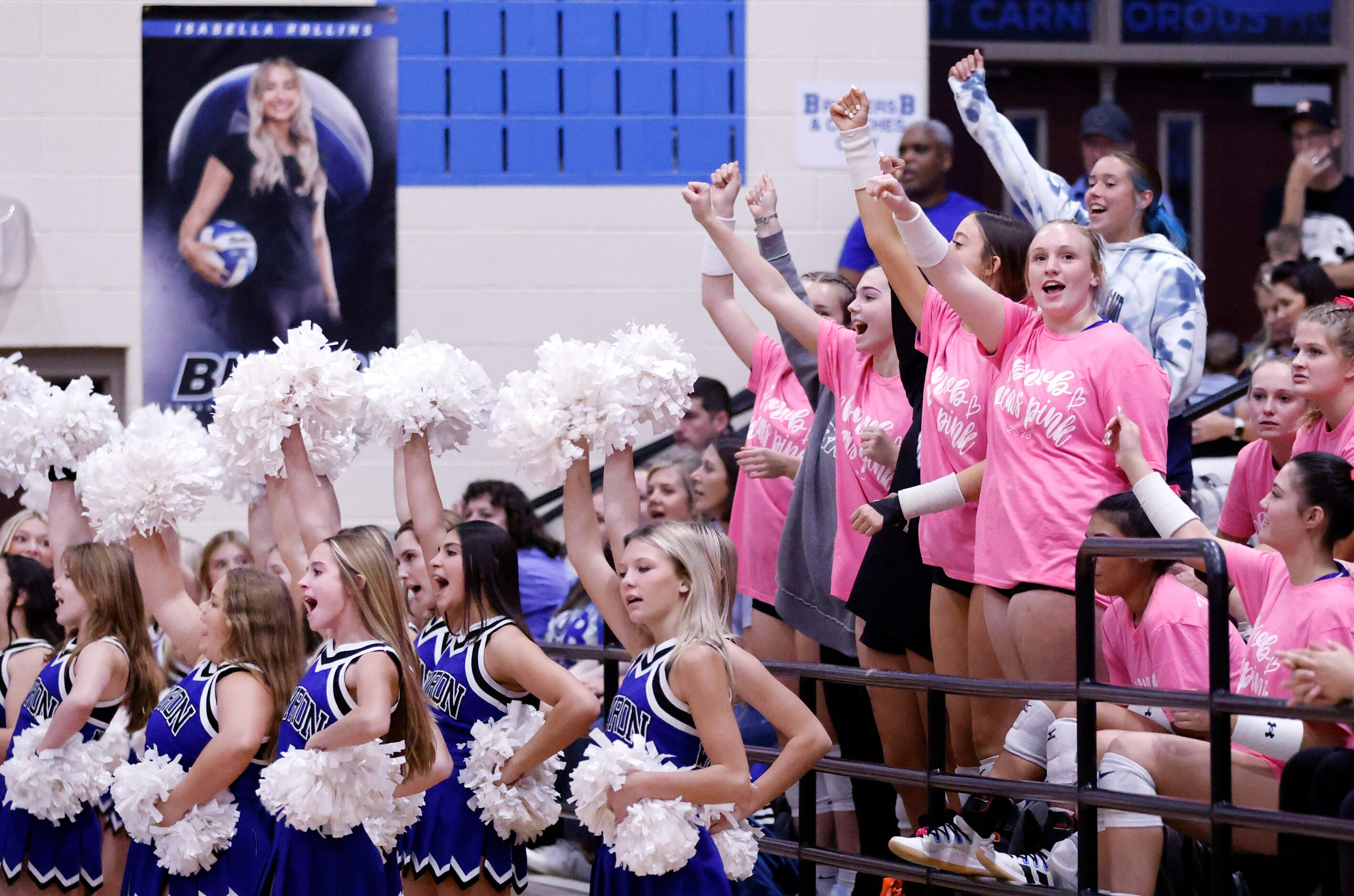 Trophy Club Byron Nelson students and cheerleaders celebrate a point against Southlake...