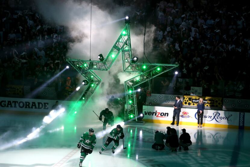 The Dallas Stars take the ice in the first period of Game Four of the NHL Western Conference...