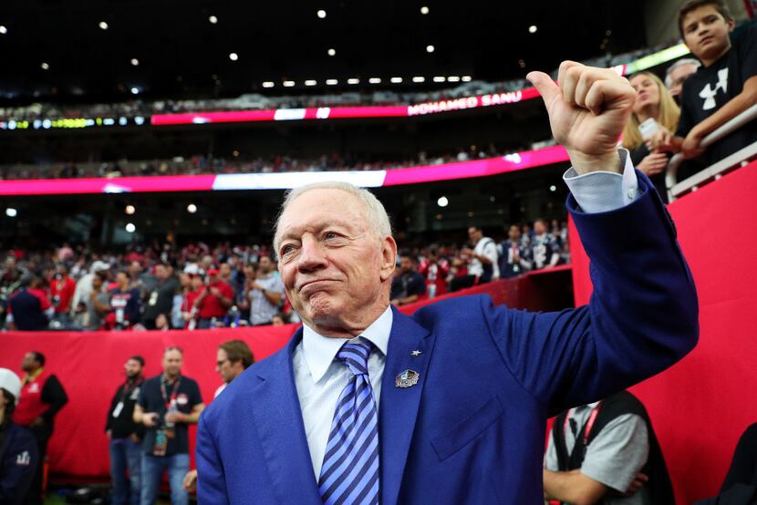 Dallas Cowboys owner Jerry Jones stands on the field before Super Bowl 51 at NRG Stadium on...