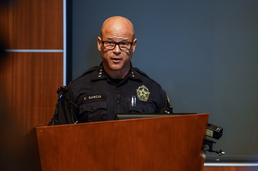 Dallas police Chief Eddie García holds a press conference at the Dallas Police Department...