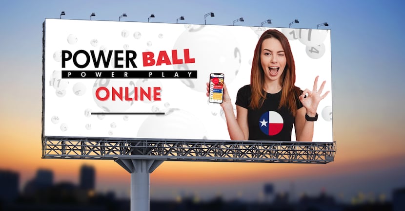 Woman holds up phone with theLotter app, text reads "Power Ball Power Play Online"