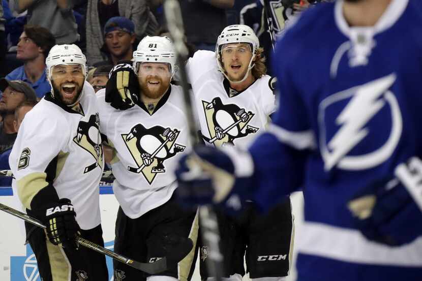TAMPA, FL - MAY 18:  Phil Kessel #81 of the Pittsburgh Penguins celebrates with his...