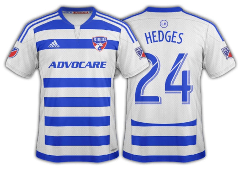 2015-16 FC Dallas blue and white hoops with solid white back and side panels secondary.