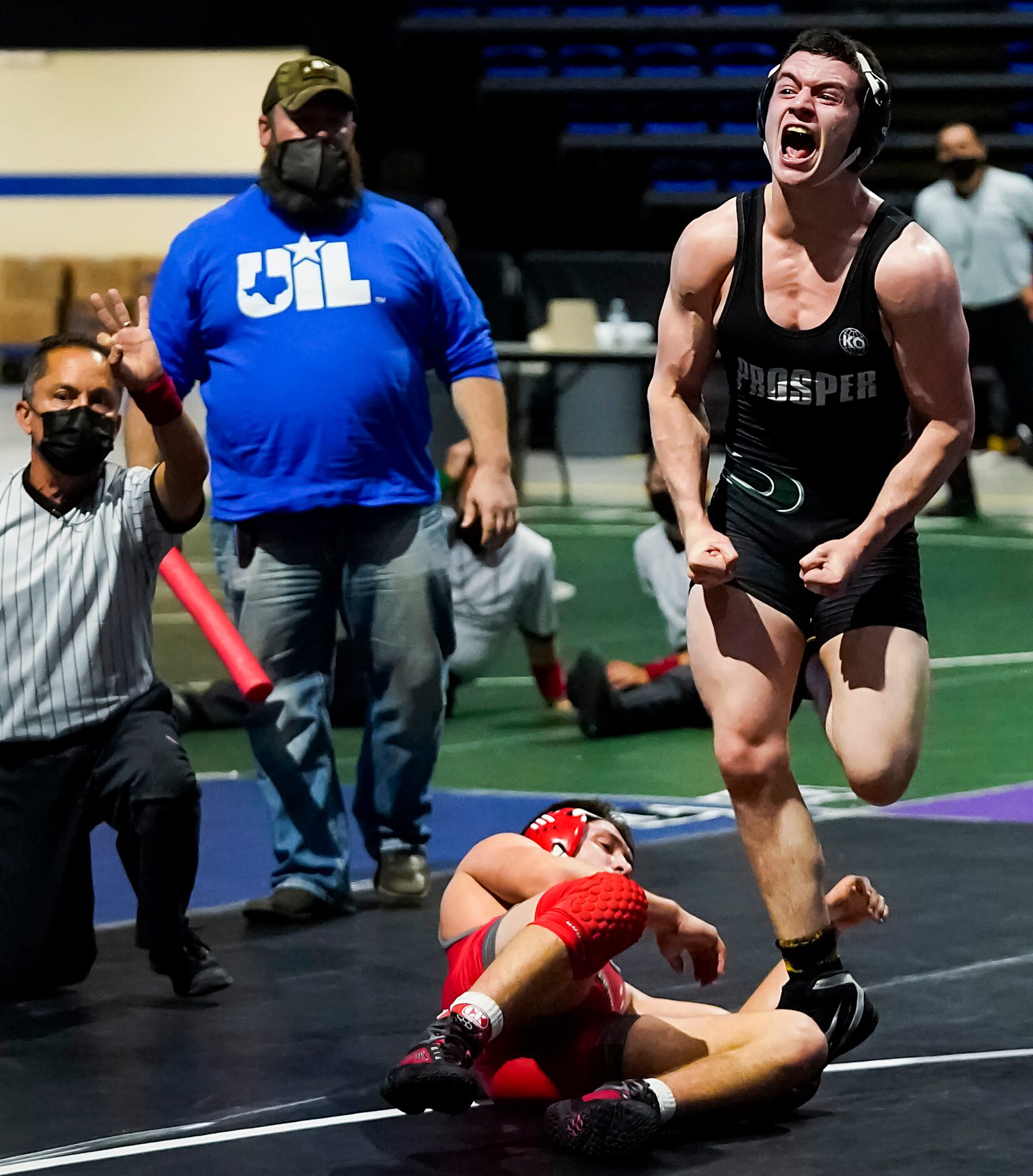 John Richardson of Prosper celebrates after defeating Austin Hartmangruber of San Antonio...