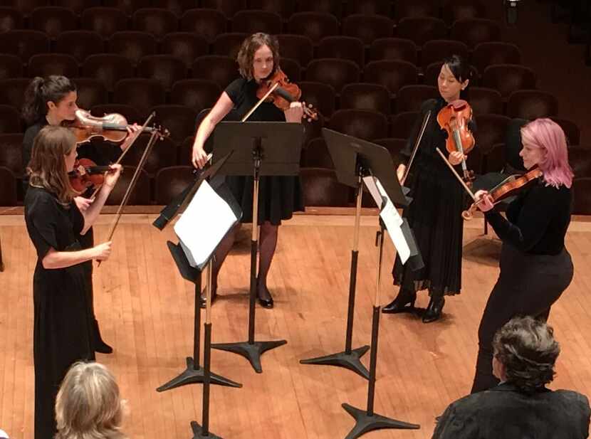 Dallas Symphony Orchestra violinists Lydia Umlauf, Mariana Cottier-Bucco, Paige Kossuth,...