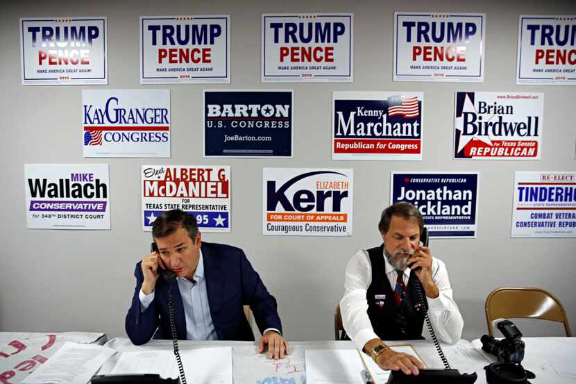 Sen. Ted Cruz (left) and James Ashby make calls at Tarrant County Republican Party...