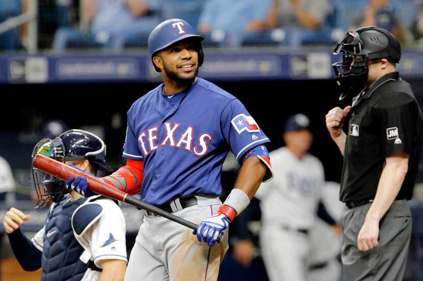 ST. PETERSBURG, FL - JUNE 29: Elvis Andrus #1 of the Texas Rangers smiles towards the stands...