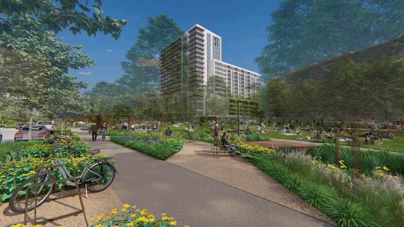 New buildings at Frisco's Hall Park will surround an almost six-acre park.